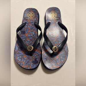 Tory Burch Black and Blue Patterned Flip Flops